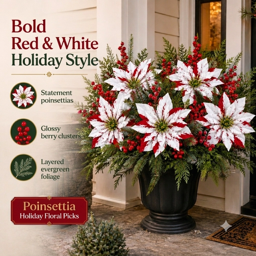 OLD2🔥On Sale Only Today 50% 🎄Poinsettia Planter Insert Picks – Red & White Holiday Urn Decor 🌺