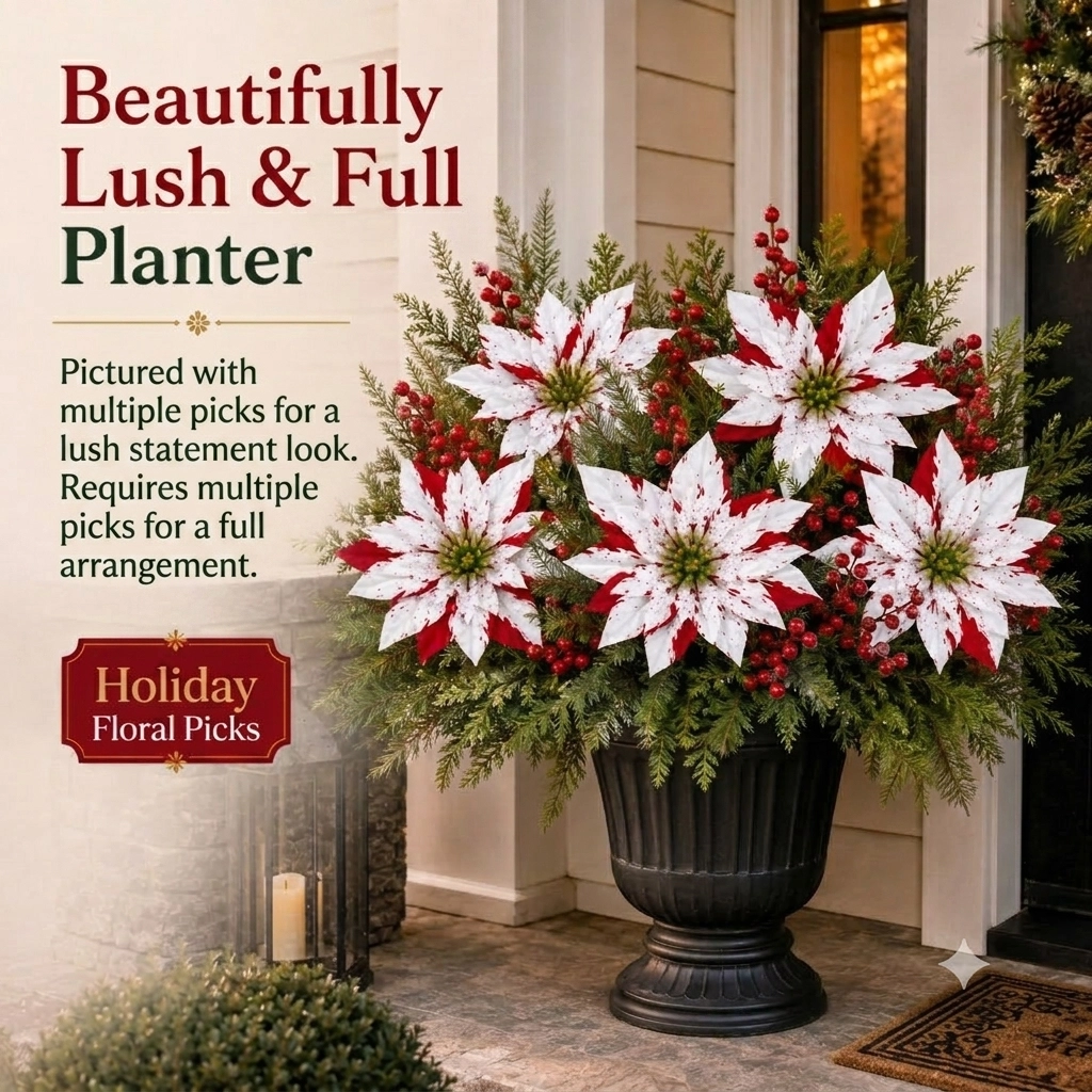 🔥On Sale Only Today 50% 🎄Poinsettia Planter Insert Picks – Red & White Holiday Urn Decor 🌺
